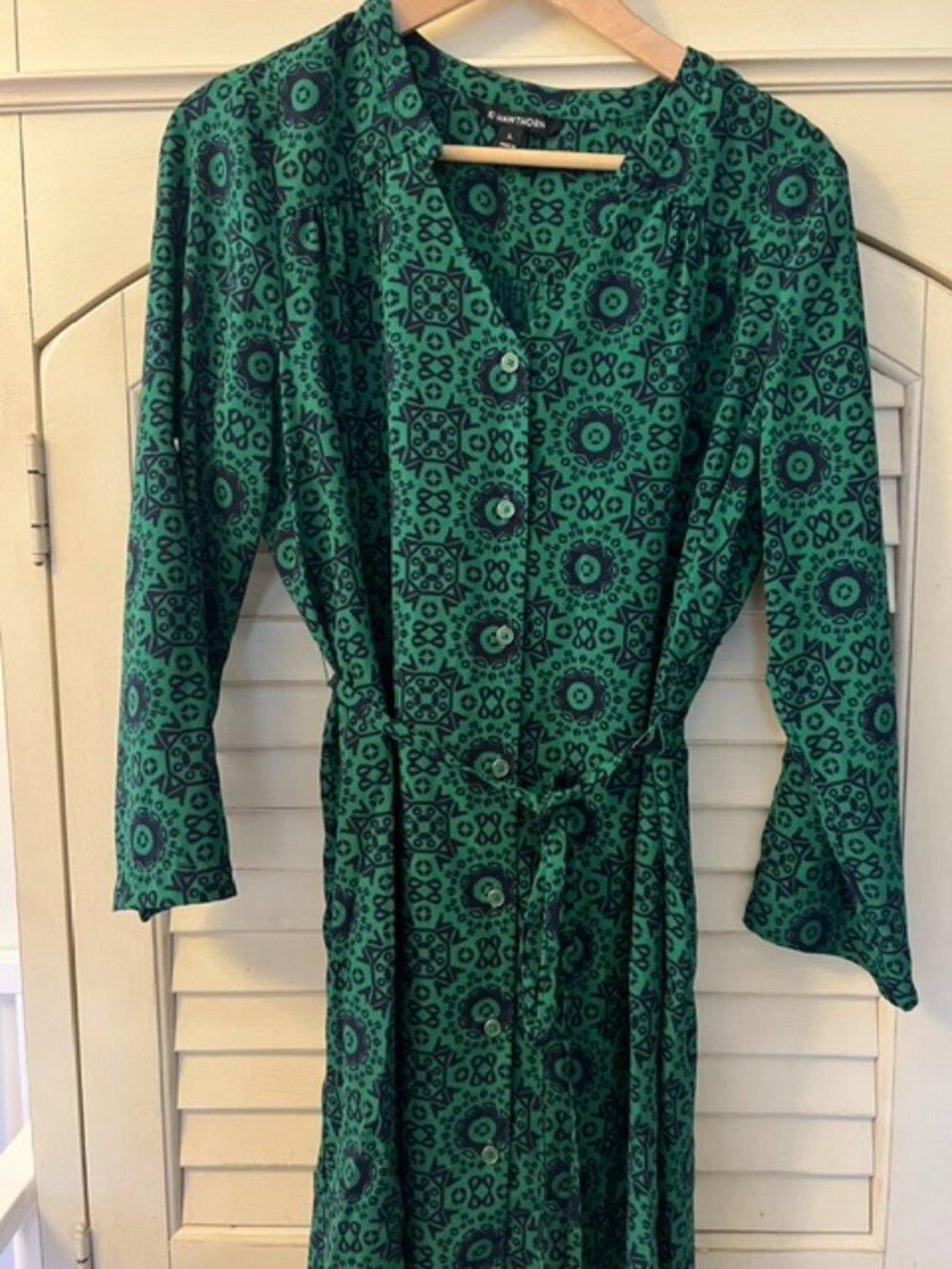 41 Hawthorn Midi Shirt Dress Printed 3/4 Sleeve Women Green/Navy Blue - Size L